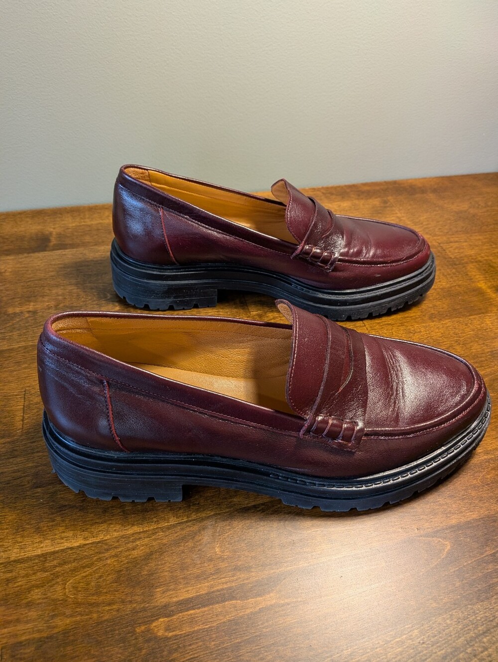 Sézane Albane Loafers Glossy Burgundy Leather Thick Lug Sole Shoes EU 39 US 8 - Picture 7 of 16